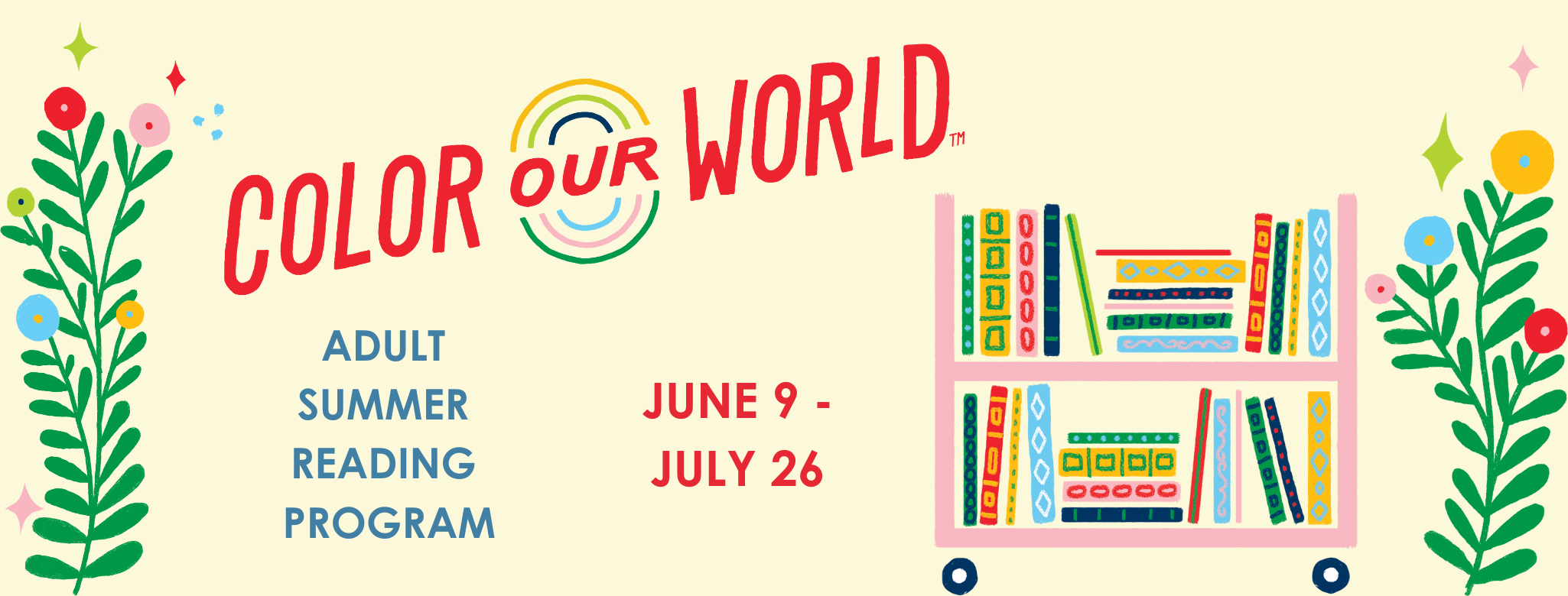 colorful flowers and a book cart full with books