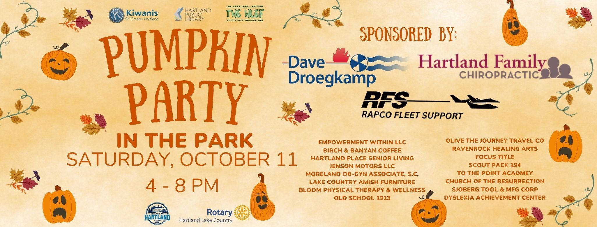 logos of hosts & sponsors, list of sponsor names, jack-o-lanterns and leaves 