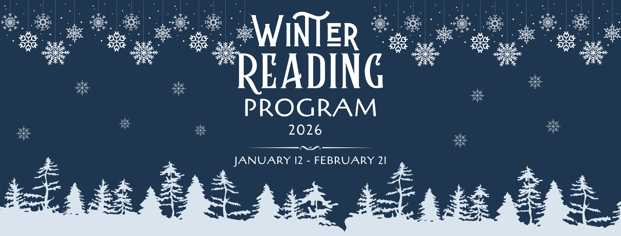 snowy trees and field, snowflakes, text