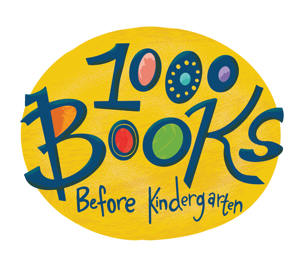 Yellow Circle with 1000 Books and the zeros and \"o\" are filled in with pink, blue, orange, gre